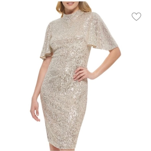 Eliza J Silver Sequin Flutter Sleeve Mock Neck Dress Women’s Sz 14 NWT - Picture 2 of 16